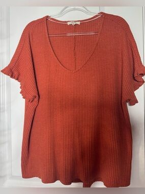 Peyton’s primrose Rust V-Neck Waffle Knit Short Sleeve Top Ruffle Sleeves 2x